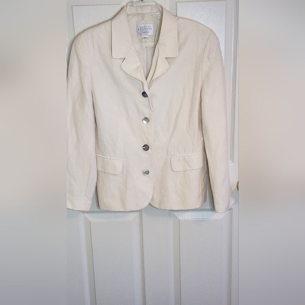 Express 11/12 Cream Lngslv Pockets Lined 55%SILK 45%LINEN Buttons Women Jacket - Picture 2 of 9